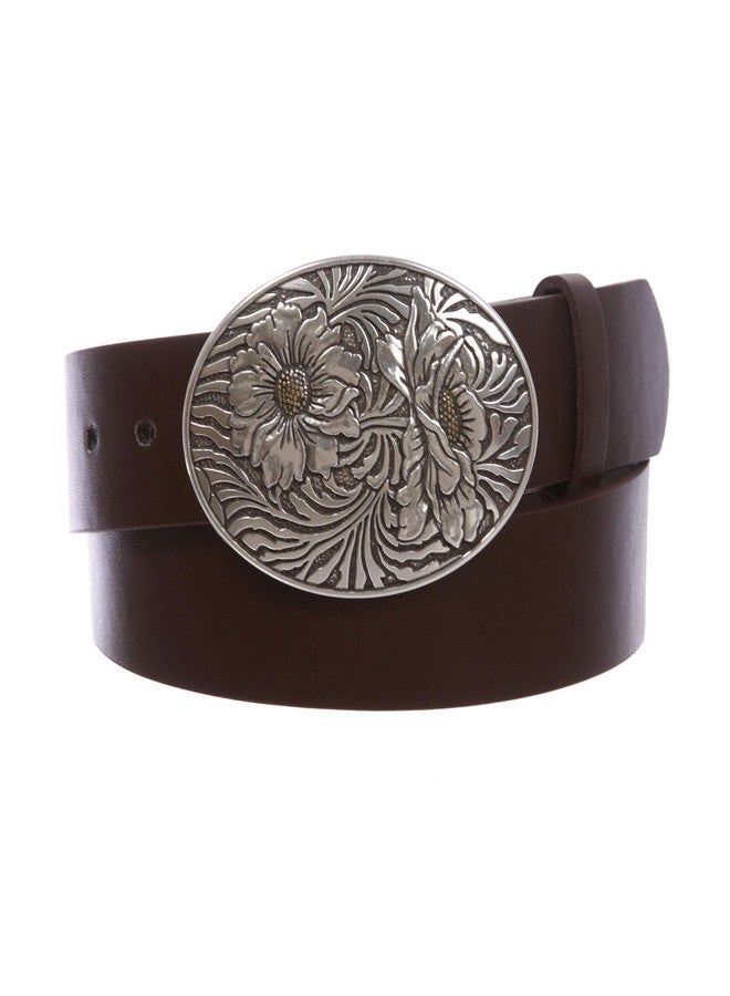1 1/2" Snap On Oval Sunflower Engraving Buckle With Leather Belt, Brown | S- 30"~32"